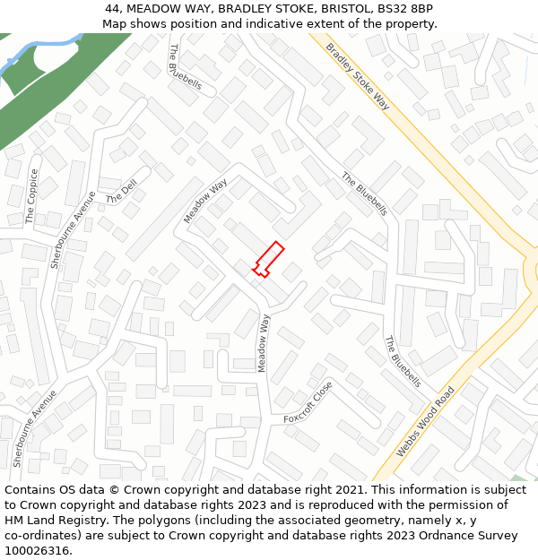 44, MEADOW WAY, BRADLEY STOKE, BRISTOL, BS32 8BP: Location map and indicative extent of plot