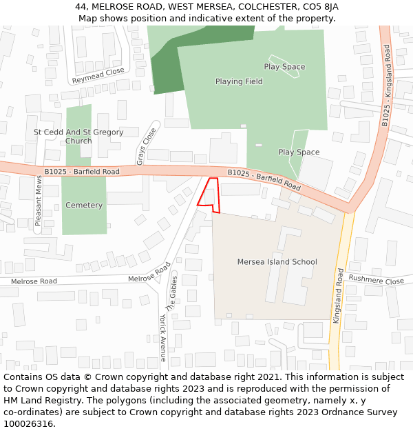 44, MELROSE ROAD, WEST MERSEA, COLCHESTER, CO5 8JA: Location map and indicative extent of plot