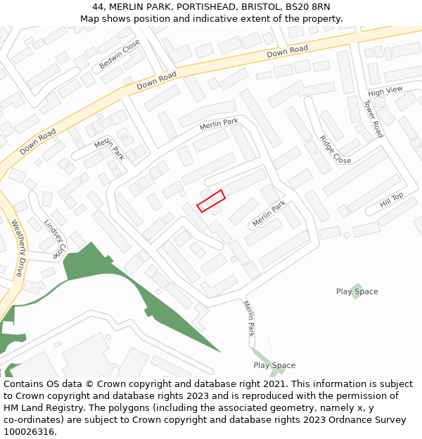 44, MERLIN PARK, PORTISHEAD, BRISTOL, BS20 8RN: Location map and indicative extent of plot