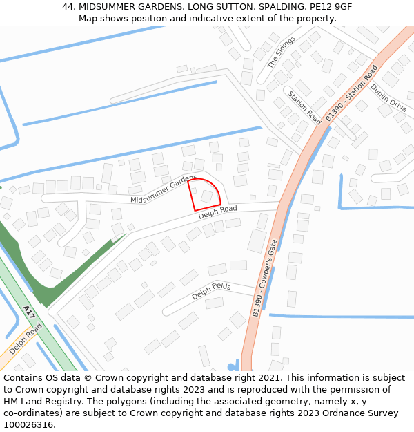 44, MIDSUMMER GARDENS, LONG SUTTON, SPALDING, PE12 9GF: Location map and indicative extent of plot