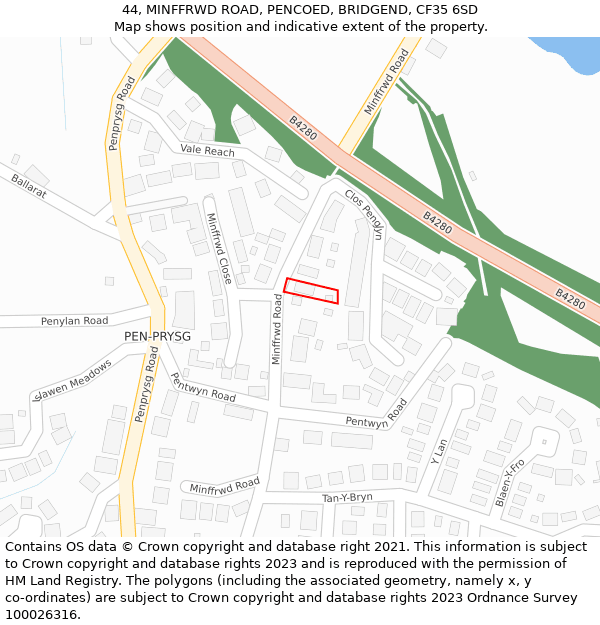 44, MINFFRWD ROAD, PENCOED, BRIDGEND, CF35 6SD: Location map and indicative extent of plot