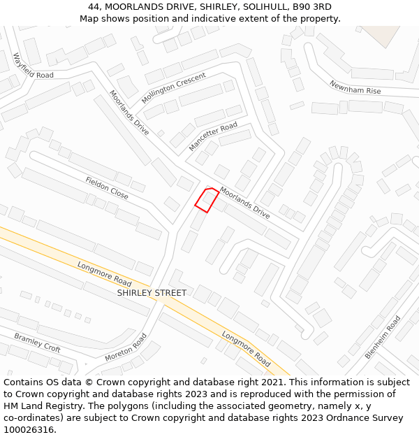 44, MOORLANDS DRIVE, SHIRLEY, SOLIHULL, B90 3RD: Location map and indicative extent of plot