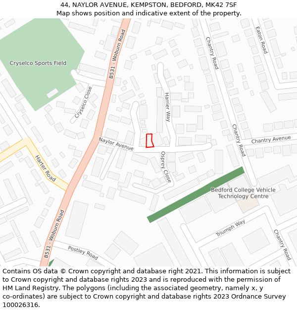 44, NAYLOR AVENUE, KEMPSTON, BEDFORD, MK42 7SF: Location map and indicative extent of plot