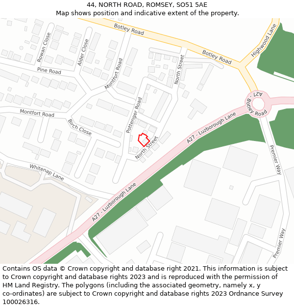 44, NORTH ROAD, ROMSEY, SO51 5AE: Location map and indicative extent of plot