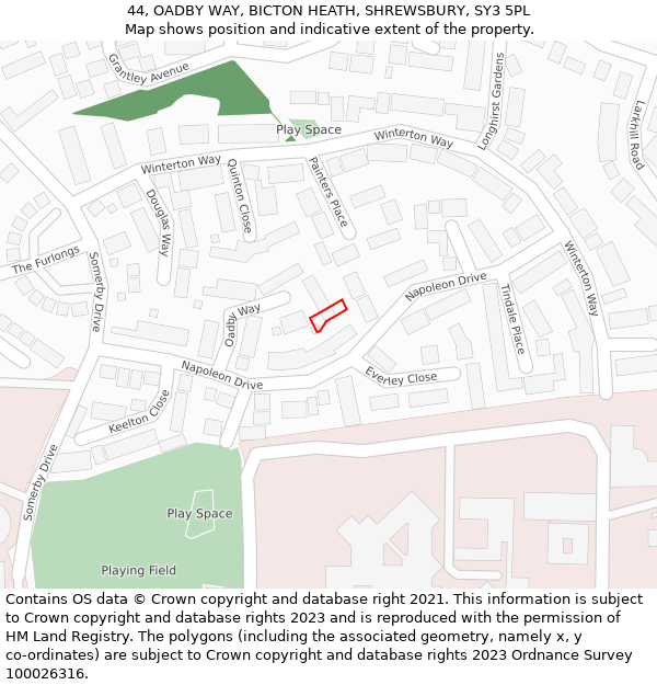 44, OADBY WAY, BICTON HEATH, SHREWSBURY, SY3 5PL: Location map and indicative extent of plot