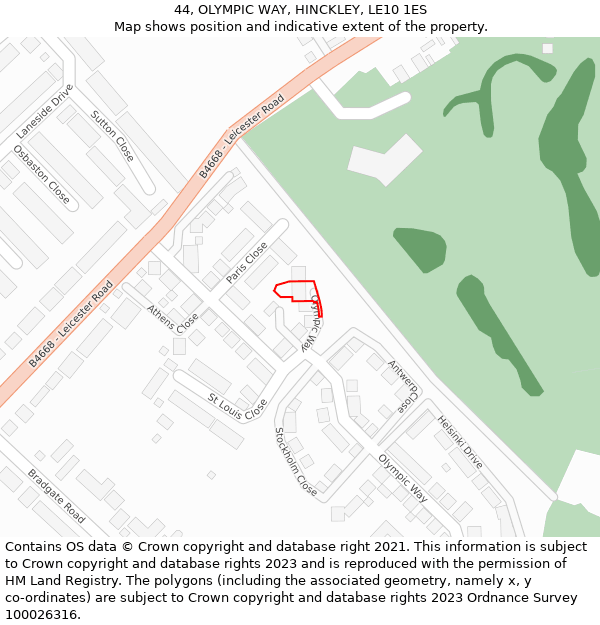 44, OLYMPIC WAY, HINCKLEY, LE10 1ES: Location map and indicative extent of plot