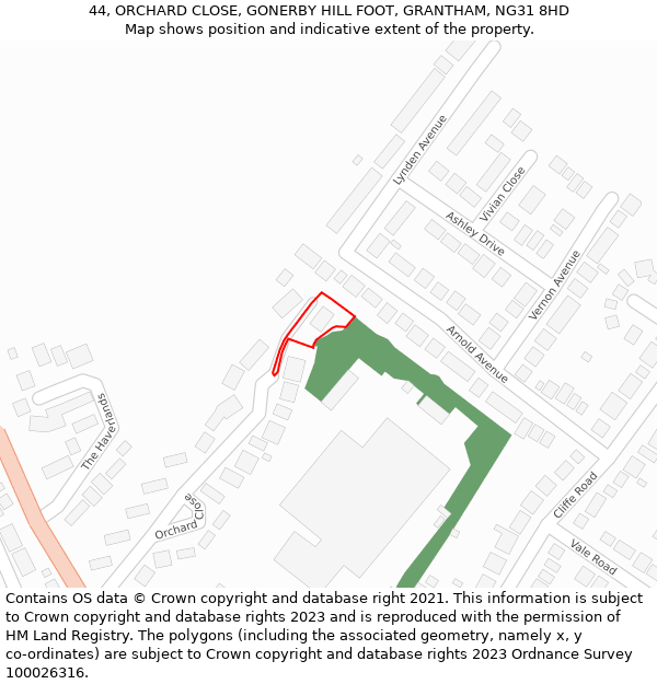 44, ORCHARD CLOSE, GONERBY HILL FOOT, GRANTHAM, NG31 8HD: Location map and indicative extent of plot