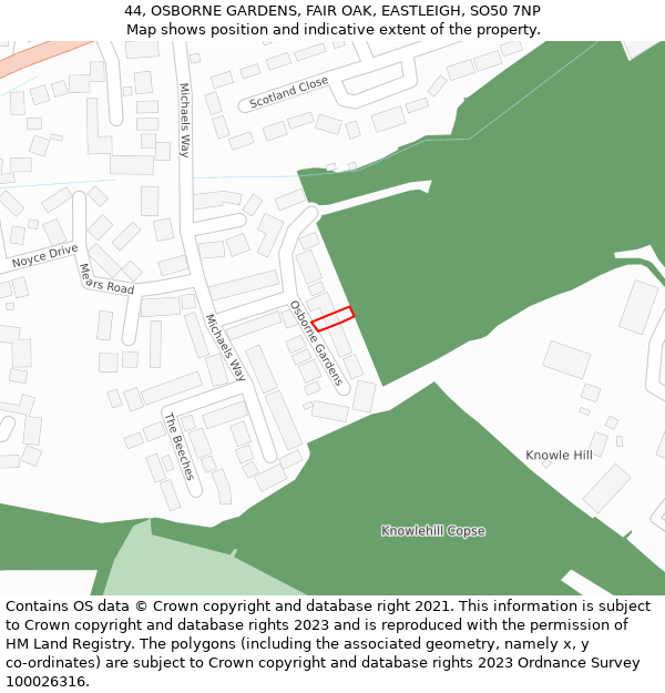 44, OSBORNE GARDENS, FAIR OAK, EASTLEIGH, SO50 7NP: Location map and indicative extent of plot