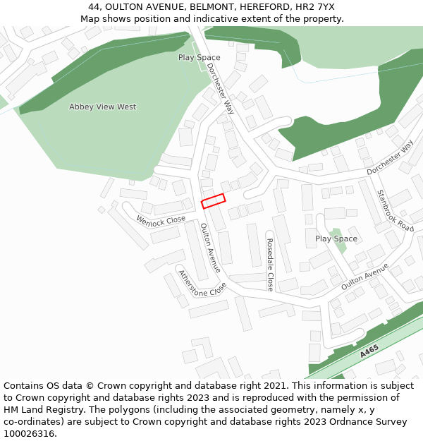 44, OULTON AVENUE, BELMONT, HEREFORD, HR2 7YX: Location map and indicative extent of plot