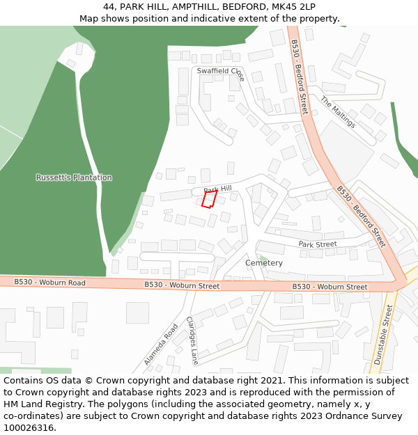 44, PARK HILL, AMPTHILL, BEDFORD, MK45 2LP: Location map and indicative extent of plot