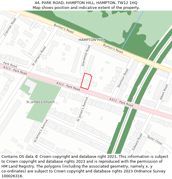 44, PARK ROAD, HAMPTON HILL, HAMPTON, TW12 1HQ: Location map and indicative extent of plot