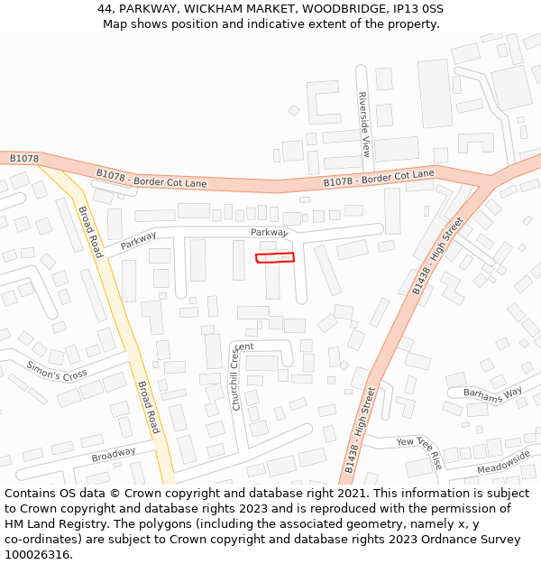 44, PARKWAY, WICKHAM MARKET, WOODBRIDGE, IP13 0SS: Location map and indicative extent of plot