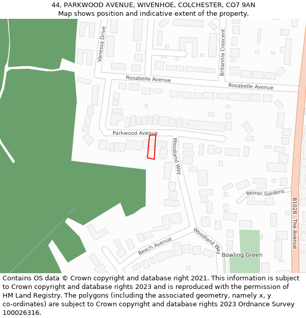 44, PARKWOOD AVENUE, WIVENHOE, COLCHESTER, CO7 9AN: Location map and indicative extent of plot