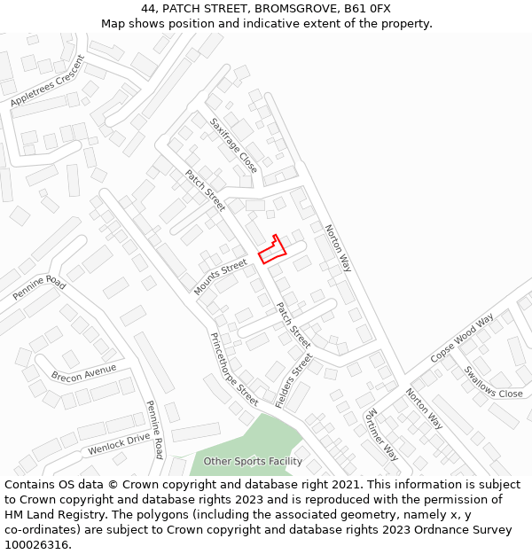 44, PATCH STREET, BROMSGROVE, B61 0FX: Location map and indicative extent of plot