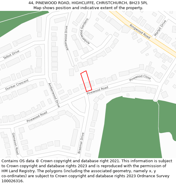 44, PINEWOOD ROAD, HIGHCLIFFE, CHRISTCHURCH, BH23 5PL: Location map and indicative extent of plot