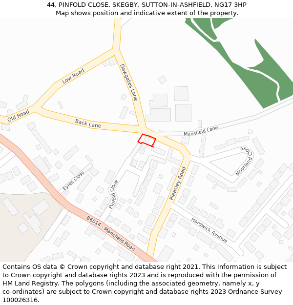 44, PINFOLD CLOSE, SKEGBY, SUTTON-IN-ASHFIELD, NG17 3HP: Location map and indicative extent of plot