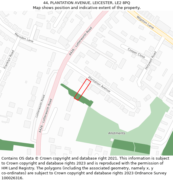 44, PLANTATION AVENUE, LEICESTER, LE2 8PQ: Location map and indicative extent of plot