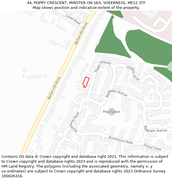 44, POPPY CRESCENT, MINSTER ON SEA, SHEERNESS, ME12 3TF: Location map and indicative extent of plot