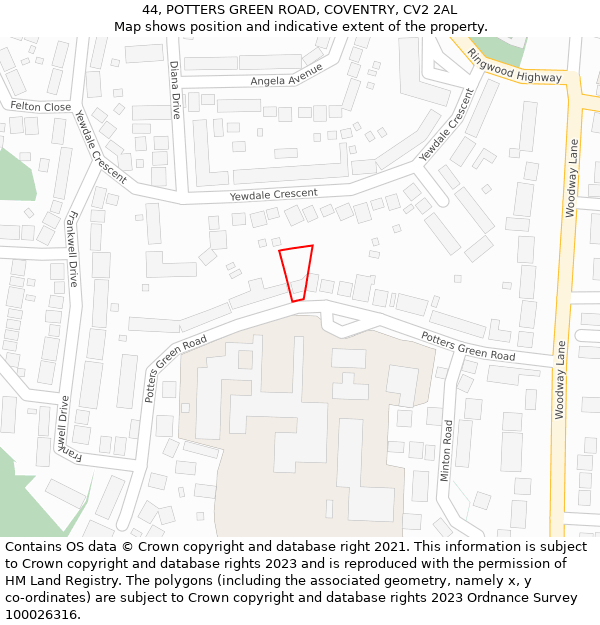 44, POTTERS GREEN ROAD, COVENTRY, CV2 2AL: Location map and indicative extent of plot