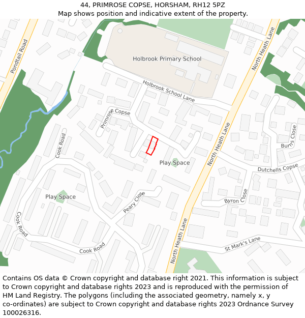 44, PRIMROSE COPSE, HORSHAM, RH12 5PZ: Location map and indicative extent of plot