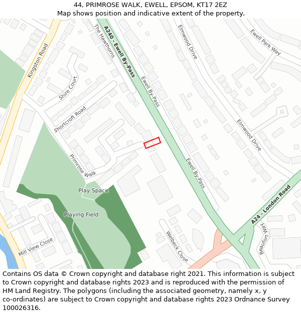 44, PRIMROSE WALK, EWELL, EPSOM, KT17 2EZ: Location map and indicative extent of plot