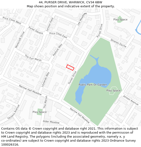 44, PURSER DRIVE, WARWICK, CV34 6BW: Location map and indicative extent of plot