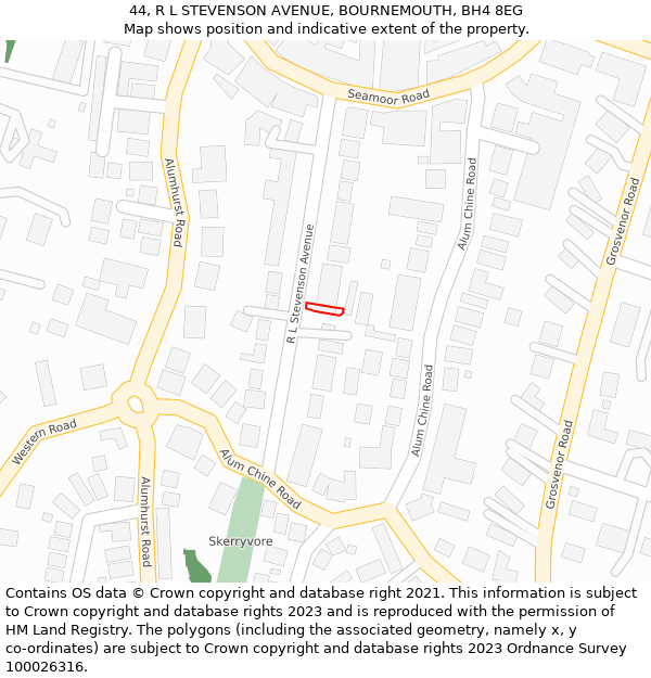 44, R L STEVENSON AVENUE, BOURNEMOUTH, BH4 8EG: Location map and indicative extent of plot
