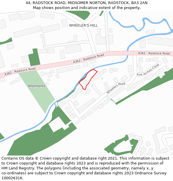 44, RADSTOCK ROAD, MIDSOMER NORTON, RADSTOCK, BA3 2AN: Location map and indicative extent of plot