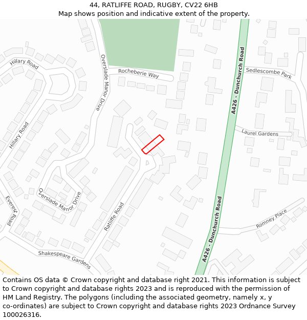 44, RATLIFFE ROAD, RUGBY, CV22 6HB: Location map and indicative extent of plot