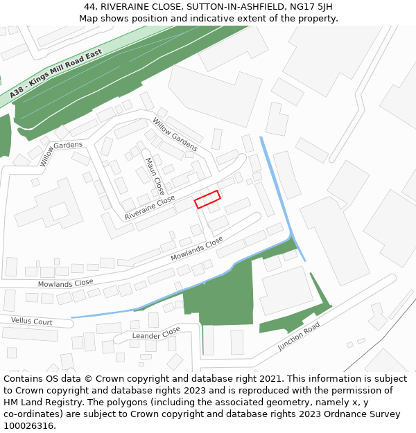 44, RIVERAINE CLOSE, SUTTON-IN-ASHFIELD, NG17 5JH: Location map and indicative extent of plot