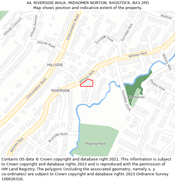 44, RIVERSIDE WALK, MIDSOMER NORTON, RADSTOCK, BA3 2PD: Location map and indicative extent of plot
