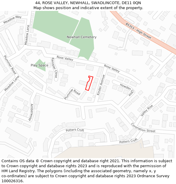 44, ROSE VALLEY, NEWHALL, SWADLINCOTE, DE11 0QN: Location map and indicative extent of plot