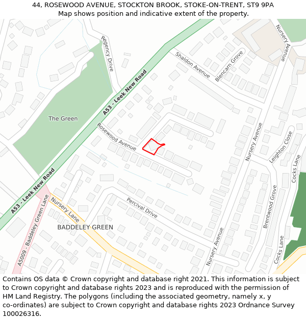 44, ROSEWOOD AVENUE, STOCKTON BROOK, STOKE-ON-TRENT, ST9 9PA: Location map and indicative extent of plot