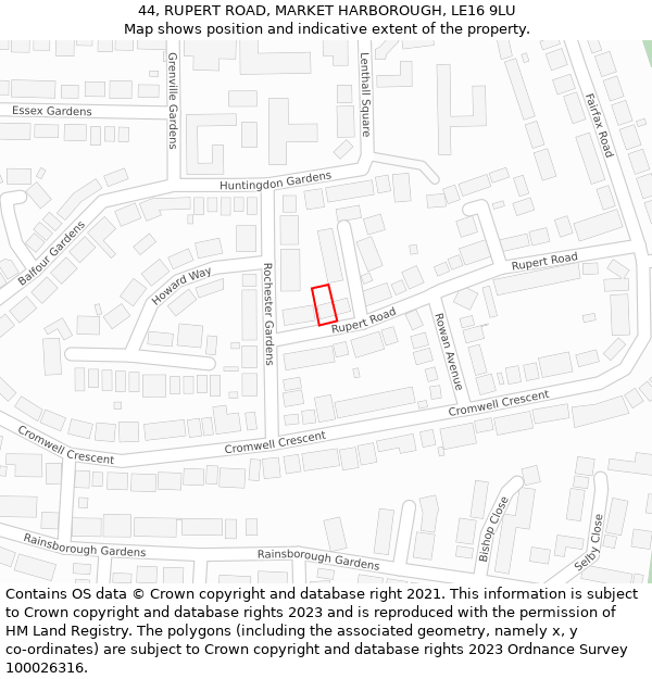 44, RUPERT ROAD, MARKET HARBOROUGH, LE16 9LU: Location map and indicative extent of plot