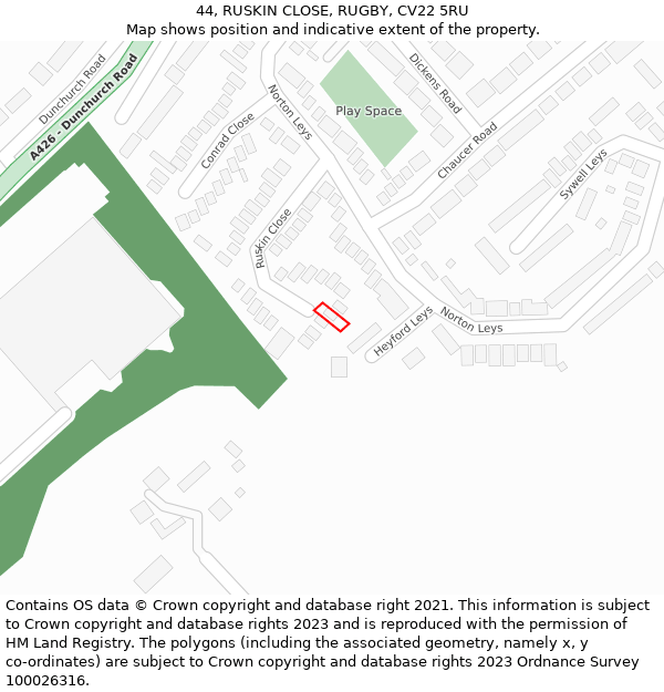 44, RUSKIN CLOSE, RUGBY, CV22 5RU: Location map and indicative extent of plot