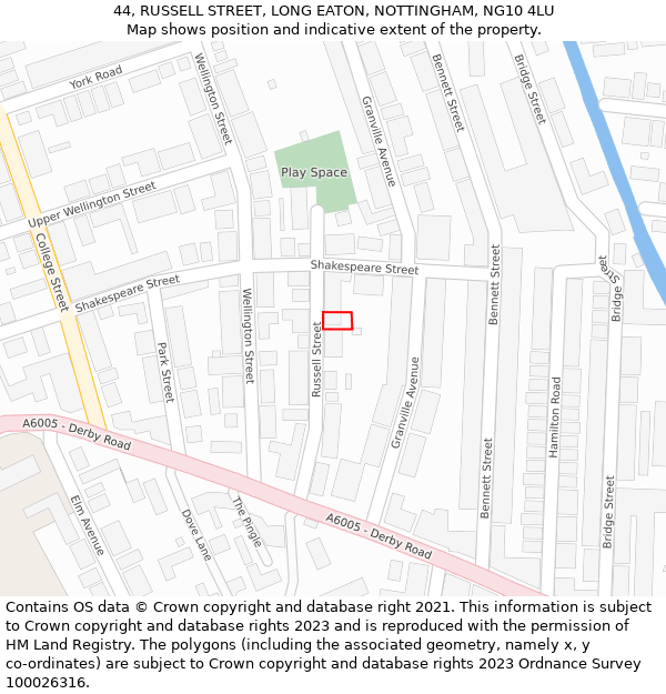 44, RUSSELL STREET, LONG EATON, NOTTINGHAM, NG10 4LU: Location map and indicative extent of plot