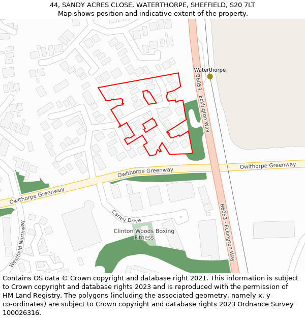 44, SANDY ACRES CLOSE, WATERTHORPE, SHEFFIELD, S20 7LT: Location map and indicative extent of plot