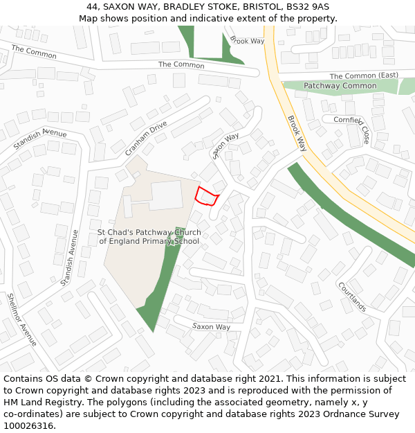 44, SAXON WAY, BRADLEY STOKE, BRISTOL, BS32 9AS: Location map and indicative extent of plot