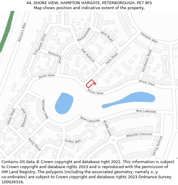 44, SHORE VIEW, HAMPTON HARGATE, PETERBOROUGH, PE7 8FS: Location map and indicative extent of plot