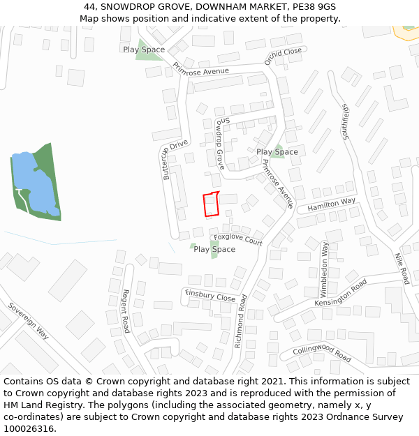 44, SNOWDROP GROVE, DOWNHAM MARKET, PE38 9GS: Location map and indicative extent of plot