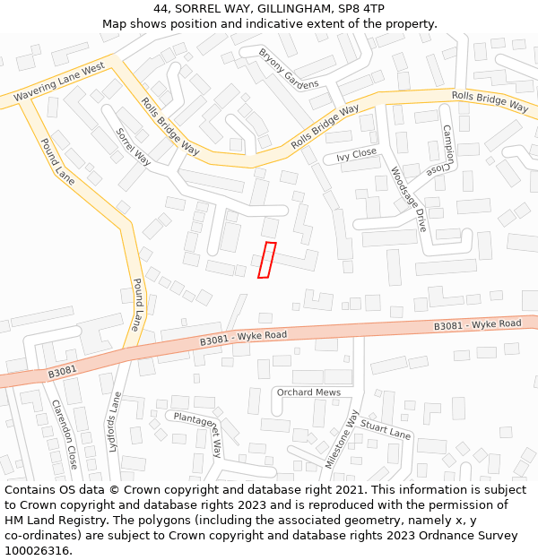 44, SORREL WAY, GILLINGHAM, SP8 4TP: Location map and indicative extent of plot