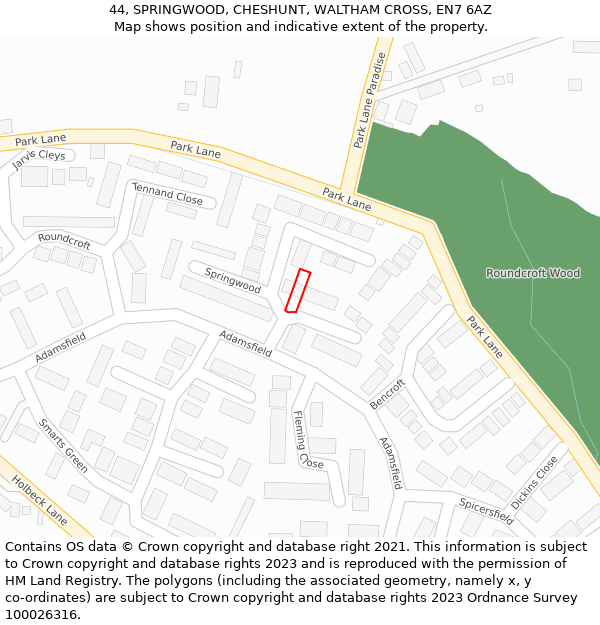 44, SPRINGWOOD, CHESHUNT, WALTHAM CROSS, EN7 6AZ: Location map and indicative extent of plot