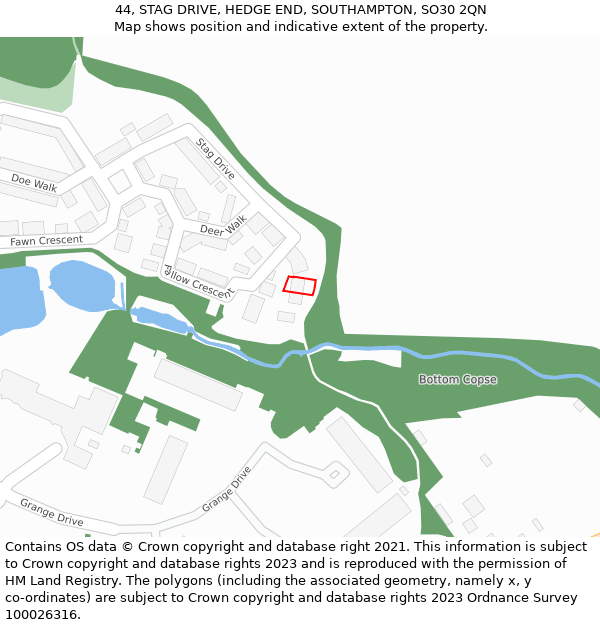 44, STAG DRIVE, HEDGE END, SOUTHAMPTON, SO30 2QN: Location map and indicative extent of plot