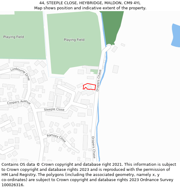 44, STEEPLE CLOSE, HEYBRIDGE, MALDON, CM9 4YL: Location map and indicative extent of plot