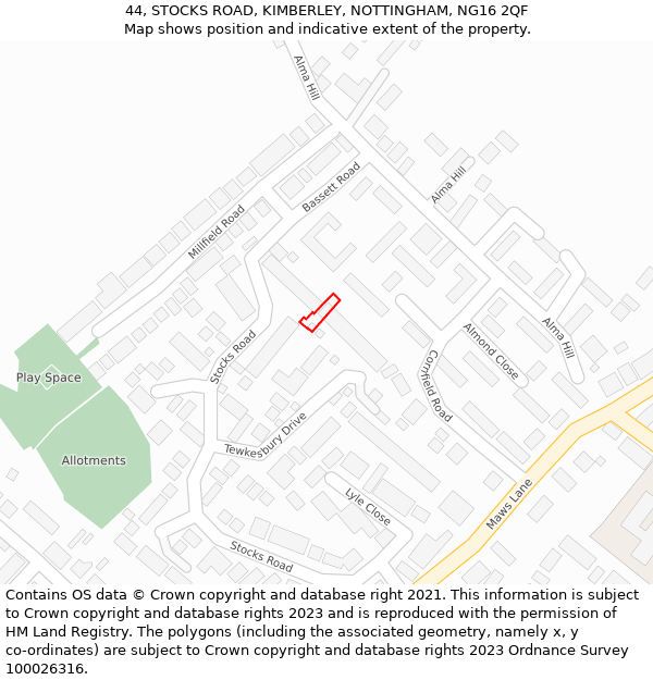 44, STOCKS ROAD, KIMBERLEY, NOTTINGHAM, NG16 2QF: Location map and indicative extent of plot