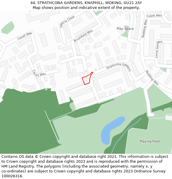 44, STRATHCONA GARDENS, KNAPHILL, WOKING, GU21 2AY: Location map and indicative extent of plot