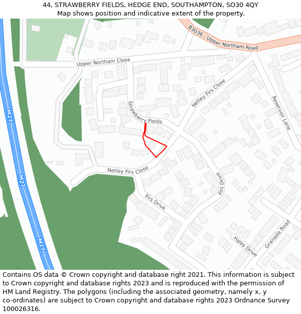 44, STRAWBERRY FIELDS, HEDGE END, SOUTHAMPTON, SO30 4QY: Location map and indicative extent of plot