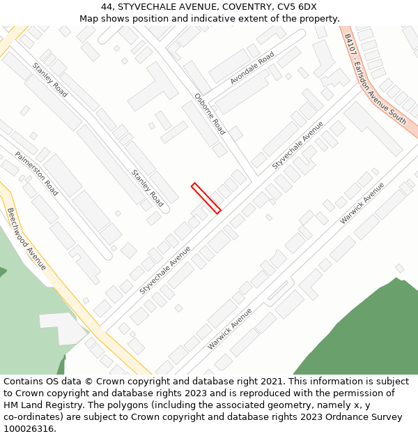 44, STYVECHALE AVENUE, COVENTRY, CV5 6DX: Location map and indicative extent of plot