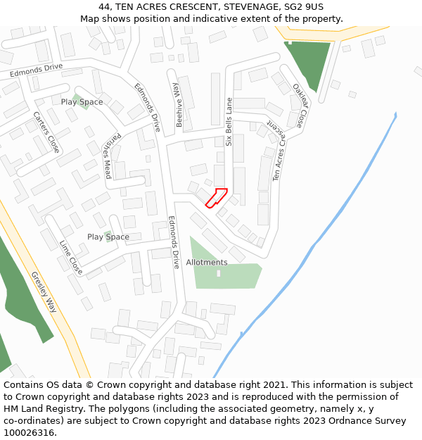 44, TEN ACRES CRESCENT, STEVENAGE, SG2 9US: Location map and indicative extent of plot