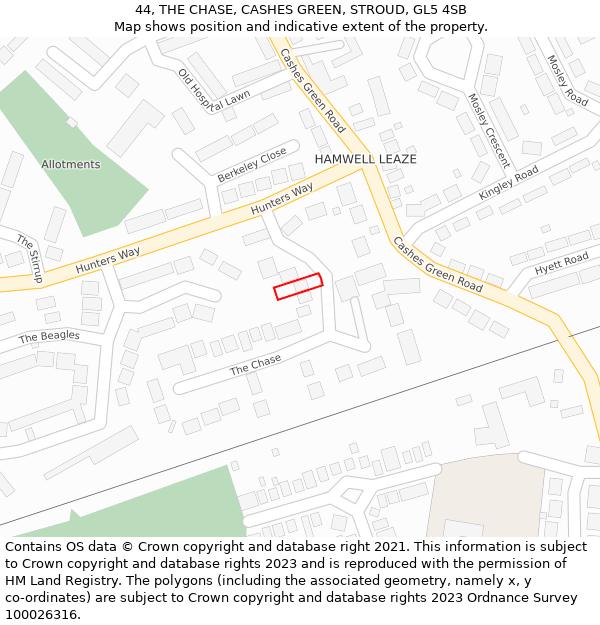 44, THE CHASE, CASHES GREEN, STROUD, GL5 4SB: Location map and indicative extent of plot